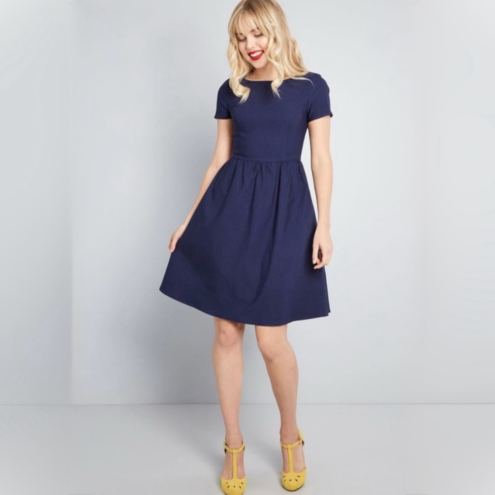 ModCloth Navy Blue Vintage Inspired Retro A-Line Cocktail Dress- Small